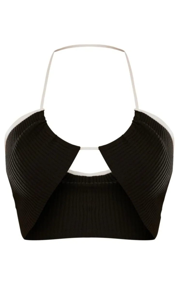 Best PrettyLittleThing Contrast Binding Halter Neck Knit Top Black
