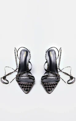 PrettyLittleThing Lace Up Heels*Contrast Croc Pu Point Toe Lace Up Heeled Sandals