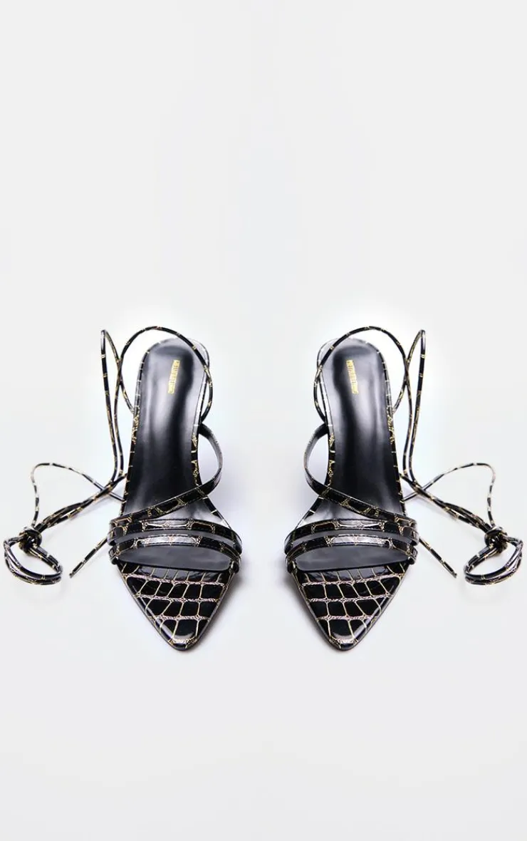 PrettyLittleThing Lace Up Heels*Contrast Croc Pu Point Toe Lace Up Heeled Sandals