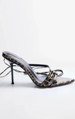 PrettyLittleThing Lace Up Heels*Contrast Croc Pu Point Toe Lace Up Heeled Sandals