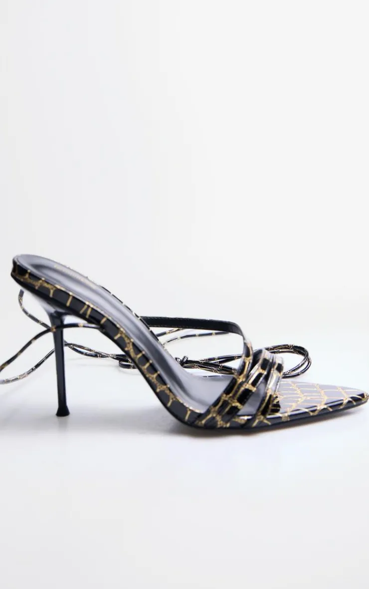 PrettyLittleThing Lace Up Heels*Contrast Croc Pu Point Toe Lace Up Heeled Sandals