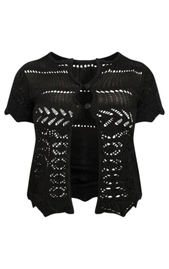 PrettyLittleThing Contrast Crochet Knit Cap Sleeve Button Front Top Black