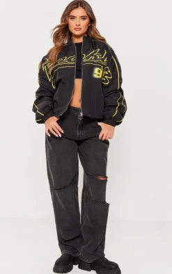 PrettyLittleThing Bomber Jackets*Contrast Oversized Graphic Zip Up Racer Bomber