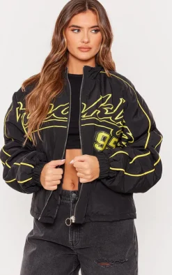 PrettyLittleThing Bomber Jackets*Contrast Oversized Graphic Zip Up Racer Bomber