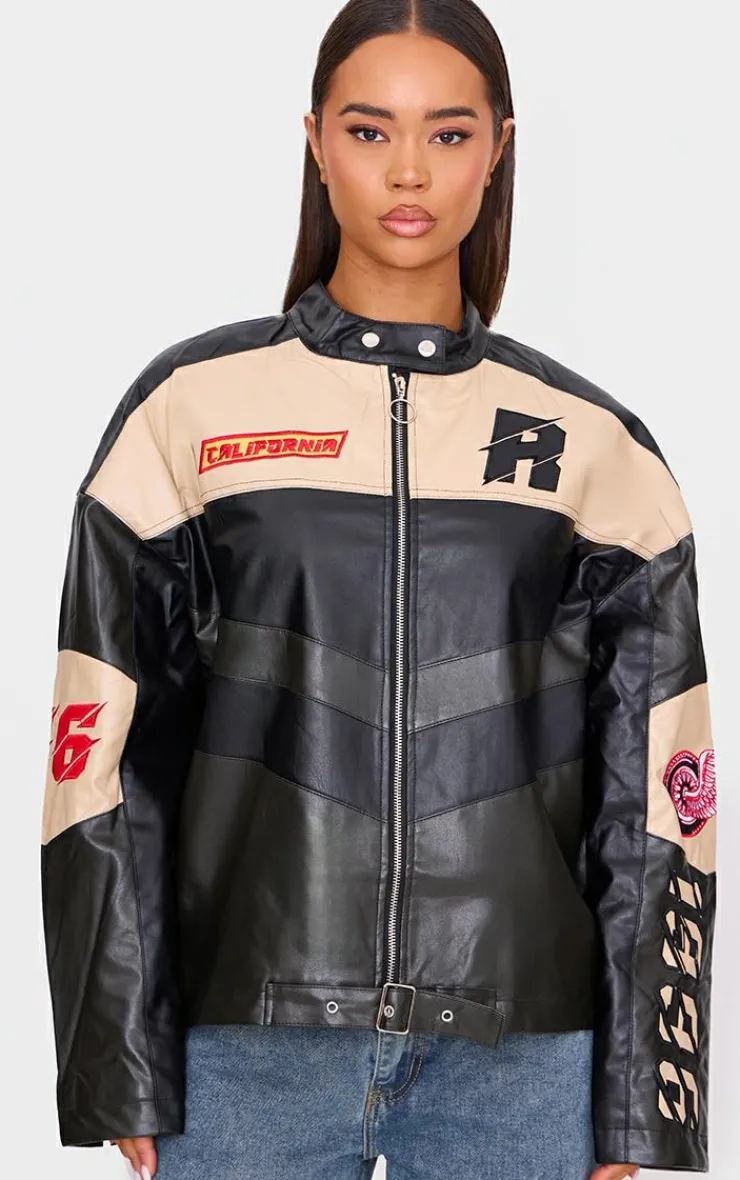 PrettyLittleThing Faux Leather Jackets*Contrast Panel Oversized Faux Leather Motocross Jacket