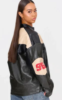 PrettyLittleThing Faux Leather Jackets*Contrast Panel Oversized Faux Leather Motocross Jacket