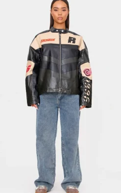 PrettyLittleThing Faux Leather Jackets*Contrast Panel Oversized Faux Leather Motocross Jacket