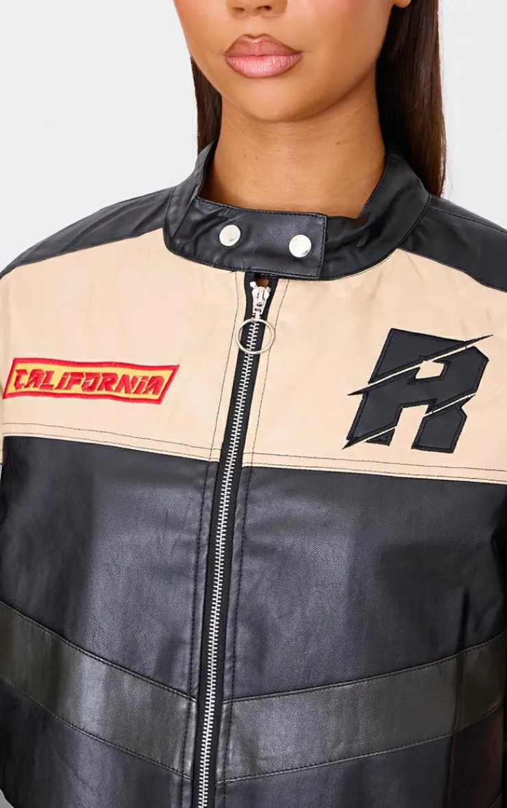 PrettyLittleThing Faux Leather Jackets*Contrast Panel Oversized Faux Leather Motocross Jacket