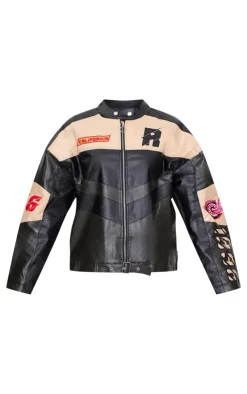 PrettyLittleThing Faux Leather Jackets*Contrast Panel Oversized Faux Leather Motocross Jacket