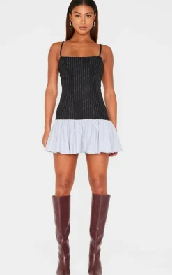 Contrast Pinstripe Frill Hem Shift Dress-PrettyLittleThing New