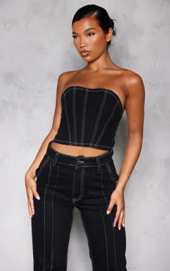 New PrettyLittleThing Contrast Seam Detail Denim Corset Top Black