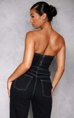 New PrettyLittleThing Contrast Seam Detail Denim Corset Top Black