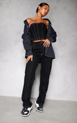 New PrettyLittleThing Contrast Seam Detail Denim Corset Top Black