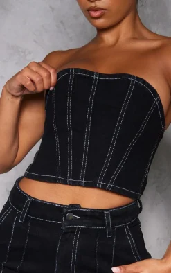 New PrettyLittleThing Contrast Seam Detail Denim Corset Top Black
