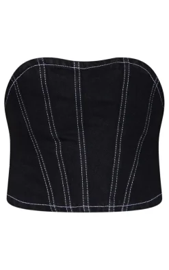 New PrettyLittleThing Contrast Seam Detail Denim Corset Top Black