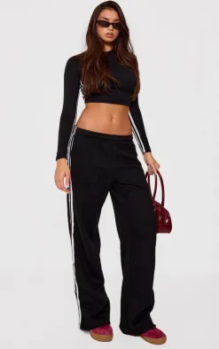 Sale PrettyLittleThing Contrast Stripe Wide Leg Sweatpants Black