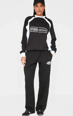PrettyLittleThing Black Sweatsuits*Contrast Studio Archives Embroidered Wide Leg Sweatpants