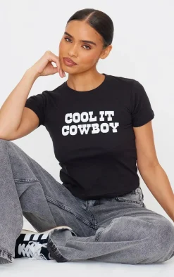 PrettyLittleThing T-Shirts*Black Cool It Cowboy Baby Doll Tee