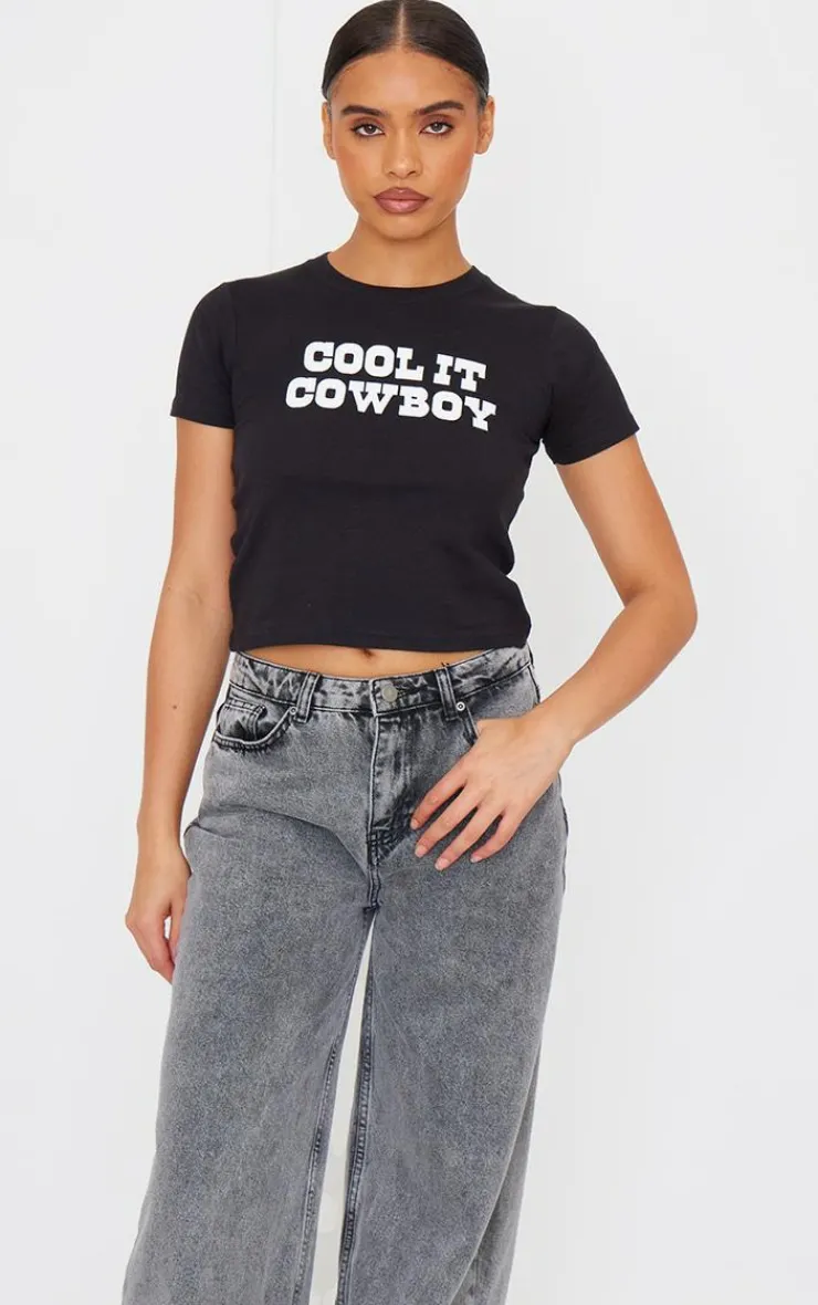 PrettyLittleThing T-Shirts*Black Cool It Cowboy Baby Doll Tee