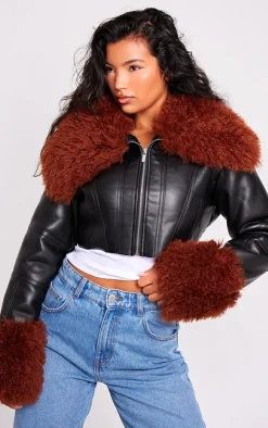 PrettyLittleThing Faux Leather Jackets*Corset Panelled Faux Mongolian Fur Trim Faux Leather Jacket