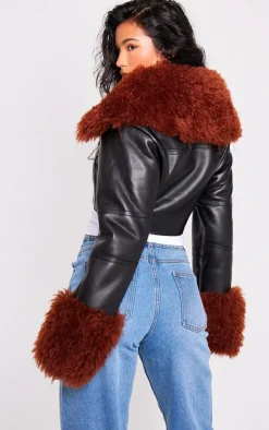 PrettyLittleThing Faux Leather Jackets*Corset Panelled Faux Mongolian Fur Trim Faux Leather Jacket
