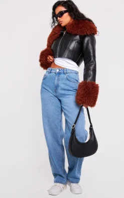 PrettyLittleThing Faux Leather Jackets*Corset Panelled Faux Mongolian Fur Trim Faux Leather Jacket