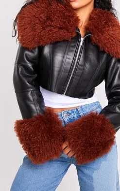 PrettyLittleThing Faux Leather Jackets*Corset Panelled Faux Mongolian Fur Trim Faux Leather Jacket