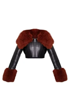 PrettyLittleThing Faux Leather Jackets*Corset Panelled Faux Mongolian Fur Trim Faux Leather Jacket