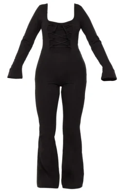 Black Cotton Detail Flare Leg Jumpsuit