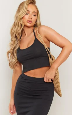 Clearance PrettyLittleThing Cotton Halterneck Split Hem Cami Top Black