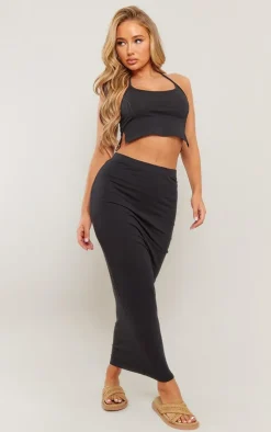 Clearance PrettyLittleThing Cotton Halterneck Split Hem Cami Top Black