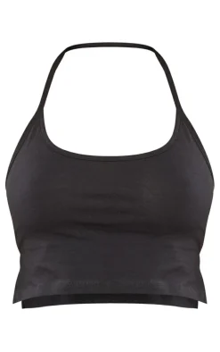 Clearance PrettyLittleThing Cotton Halterneck Split Hem Cami Top Black