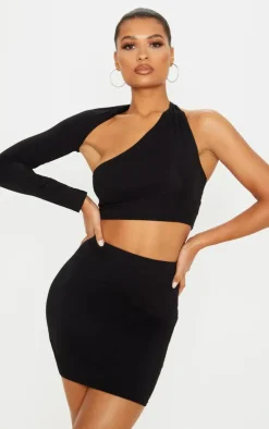 Outlet PrettyLittleThing Cotton One Shoulder Asymmetric Crop Top Black