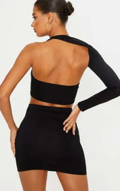 Outlet PrettyLittleThing Cotton One Shoulder Asymmetric Crop Top Black