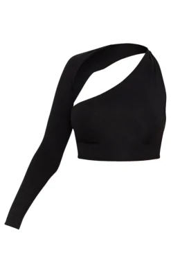 Outlet PrettyLittleThing Cotton One Shoulder Asymmetric Crop Top Black