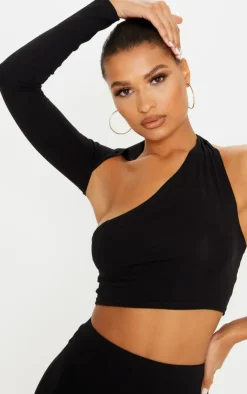 Outlet PrettyLittleThing Cotton One Shoulder Asymmetric Crop Top Black