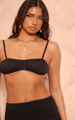 New PrettyLittleThing Cotton Poplin Strappy Ruched Bralette Black