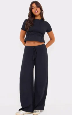 Discount PrettyLittleThing Cotton Wide Leg Pants Black