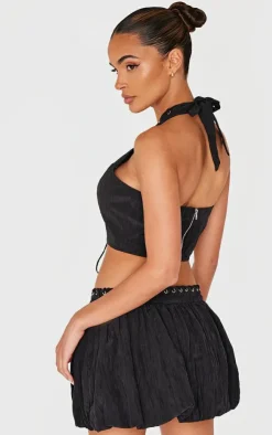 Outlet PrettyLittleThing Crinkle Eyelet Detail Halterneck Top Black