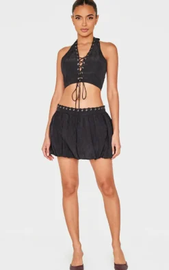 Outlet PrettyLittleThing Crinkle Eyelet Detail Halterneck Top Black