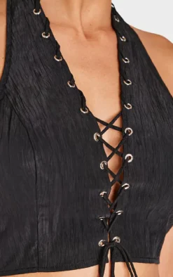 Outlet PrettyLittleThing Crinkle Eyelet Detail Halterneck Top Black