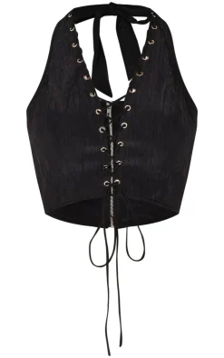 Outlet PrettyLittleThing Crinkle Eyelet Detail Halterneck Top Black