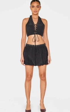 Outlet PrettyLittleThing Crinkle Eyelet Detail Puff Ball Skirt Black