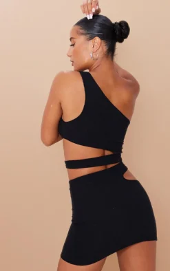 Clearance PrettyLittleThing Crinkle Rib One Shoulder Cut Out Crop Top Black