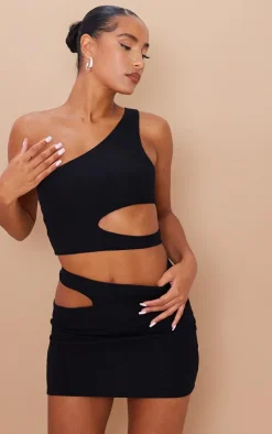 Clearance PrettyLittleThing Crinkle Rib One Shoulder Cut Out Crop Top Black