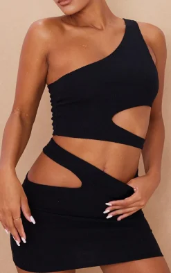 Clearance PrettyLittleThing Crinkle Rib One Shoulder Cut Out Crop Top Black