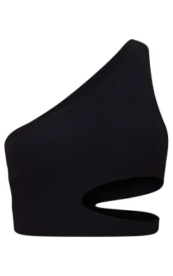 Clearance PrettyLittleThing Crinkle Rib One Shoulder Cut Out Crop Top Black