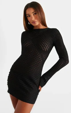 Crinkle Texture Long Sleeve Bodycon Dress-PrettyLittleThing