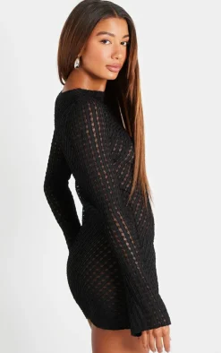 Crinkle Texture Long Sleeve Bodycon Dress-PrettyLittleThing