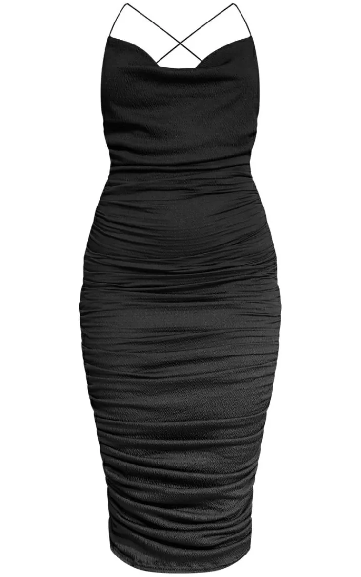 Crinkle Texture Ruched Cowl Neck Midi Dress-PrettyLittleThing Clearance